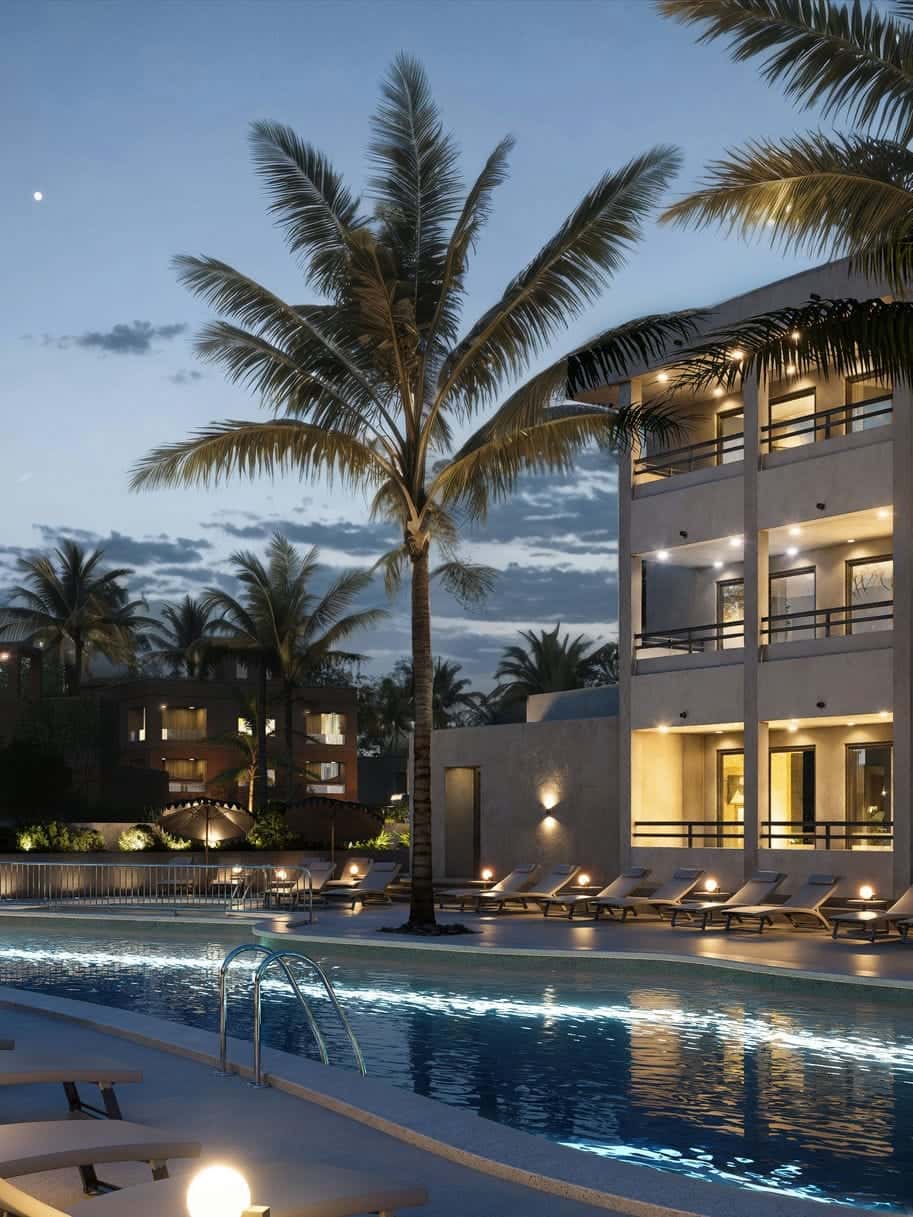 Wyndham Portocolom al atardecer: palmeras y terrazas iluminadas alrededor de la piscina del resort